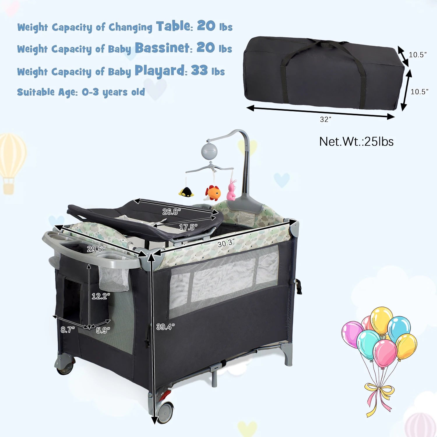 Pack n Play, Lockable Wheels, Foldable Infant to Toddler