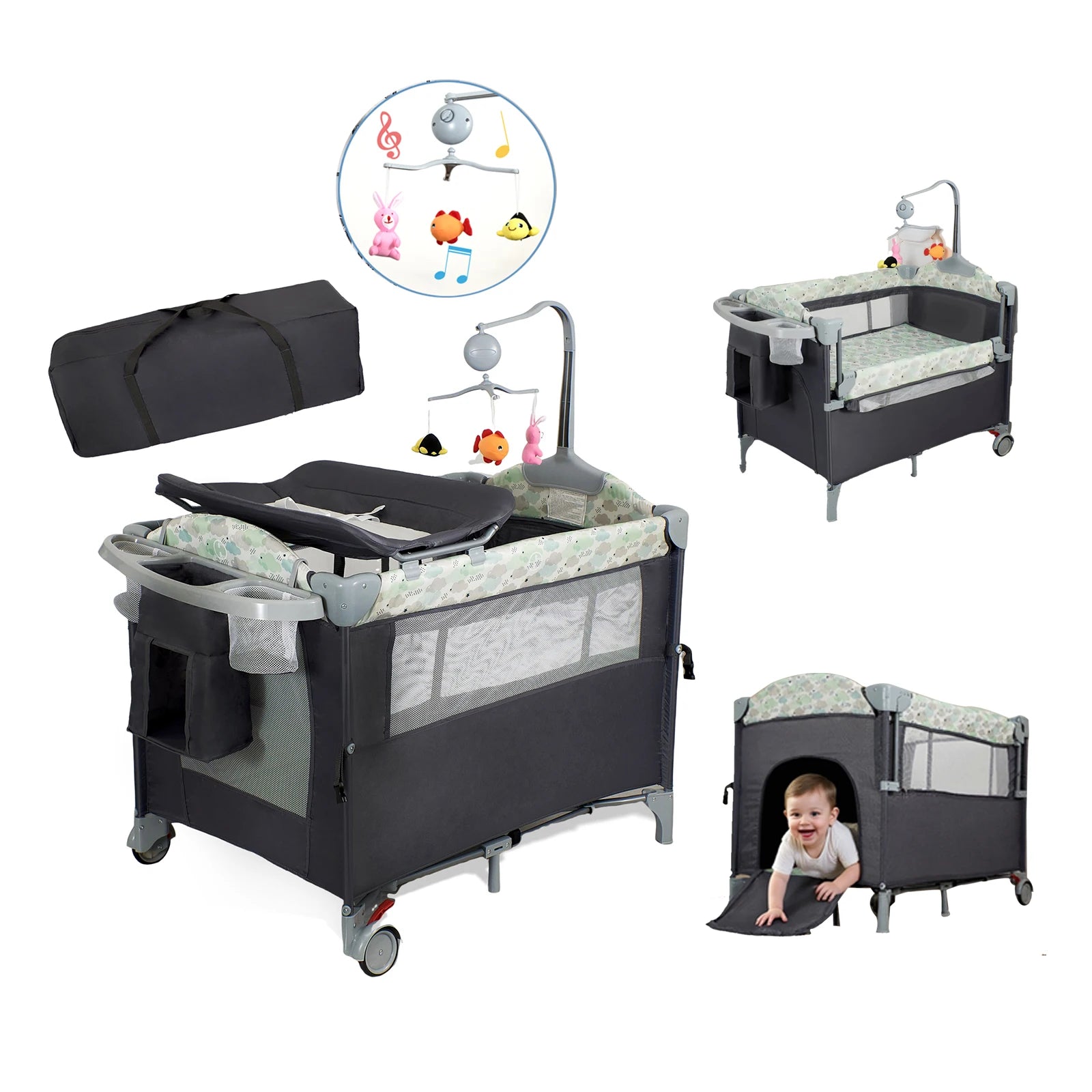 Pack n Play, Lockable Wheels, Foldable Infant to Toddler