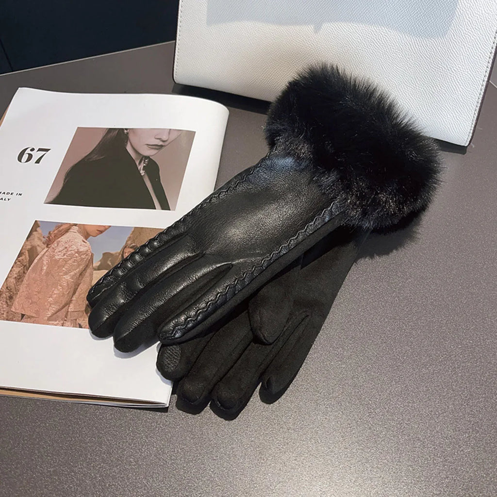 Womens PU Leather Gloves Faux Trim