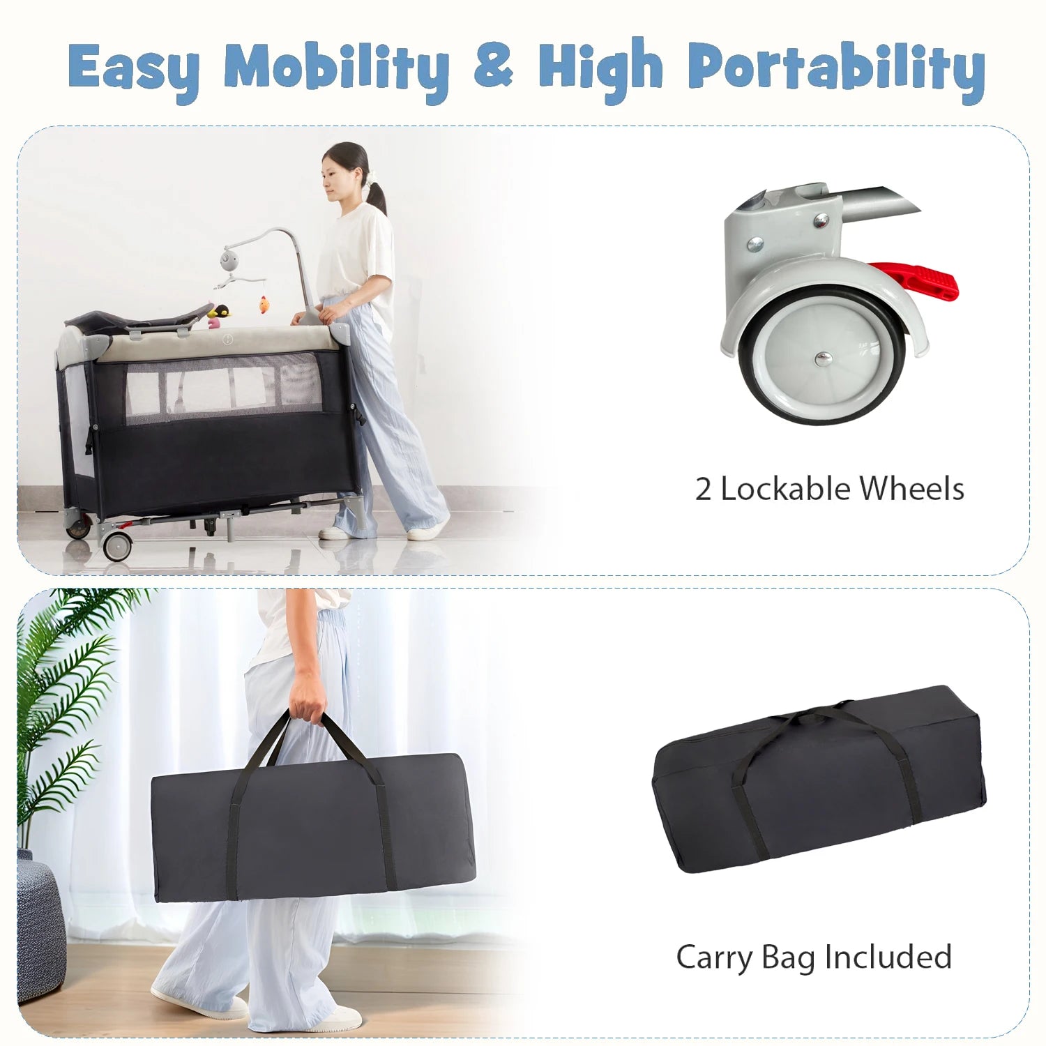 Pack n Play, Lockable Wheels, Foldable Infant to Toddler
