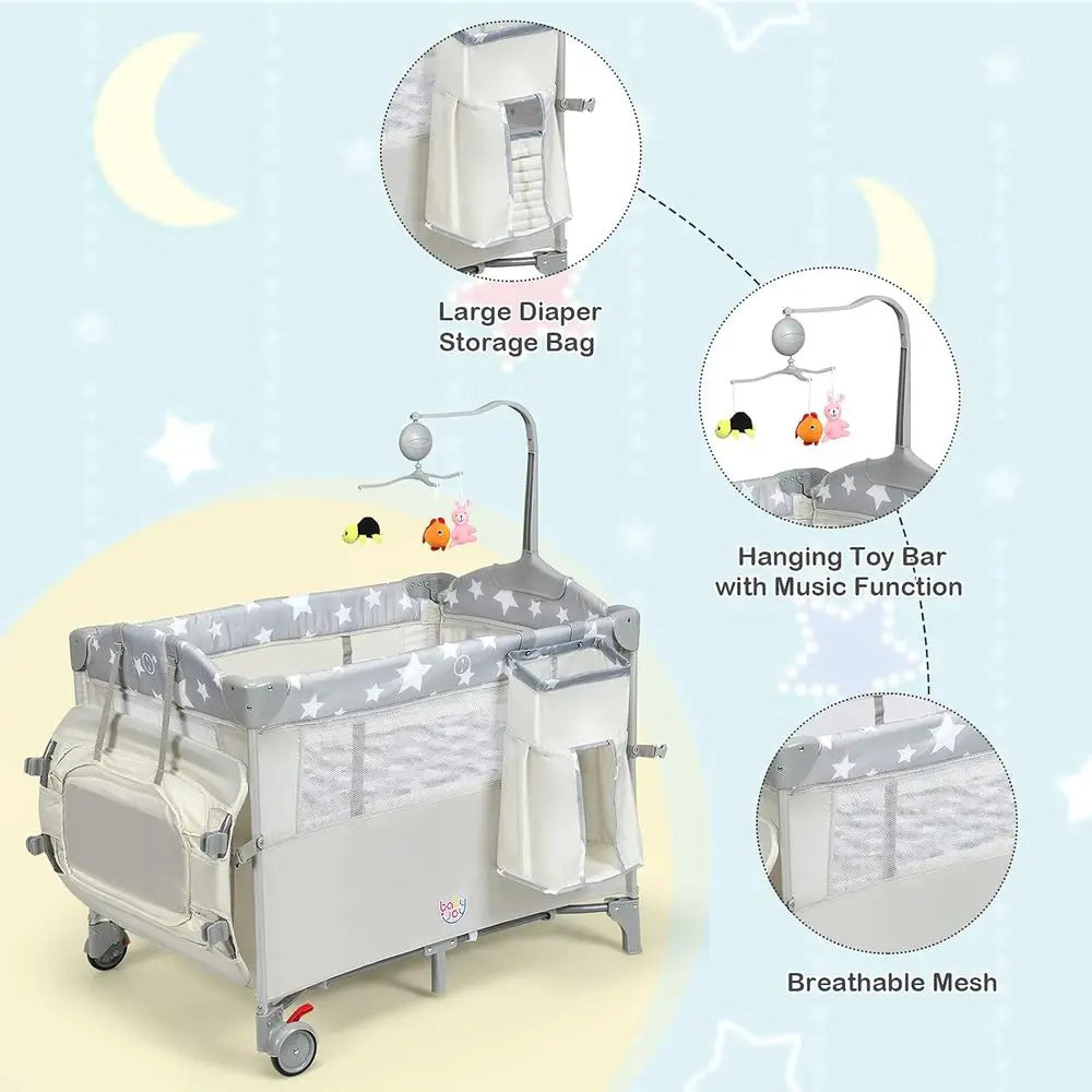 Portable Play Yard, Bassinet, Changing Table, and Music