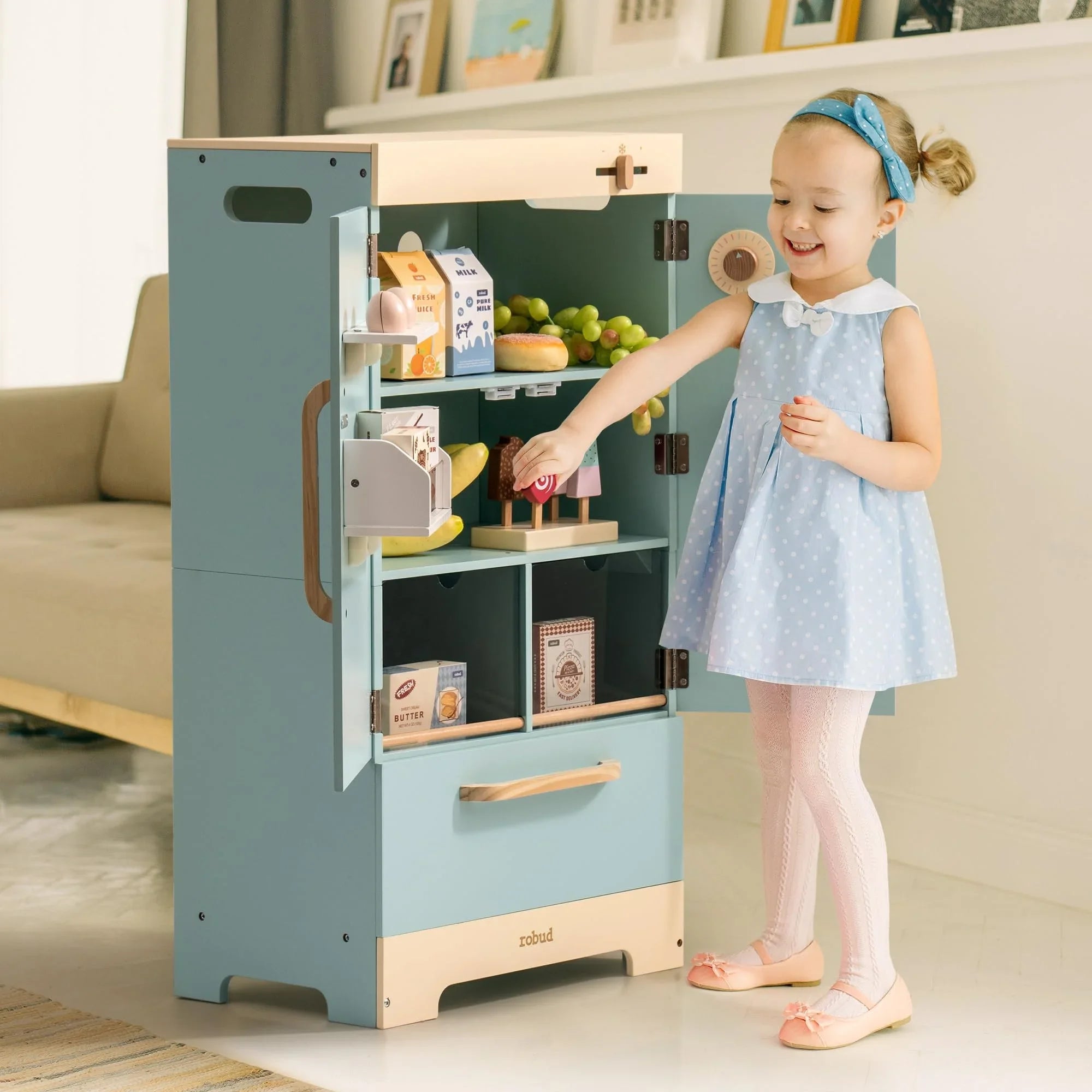 Toy Kitchen Refrigerator with Ice Dispenser for Ages 3+Blue