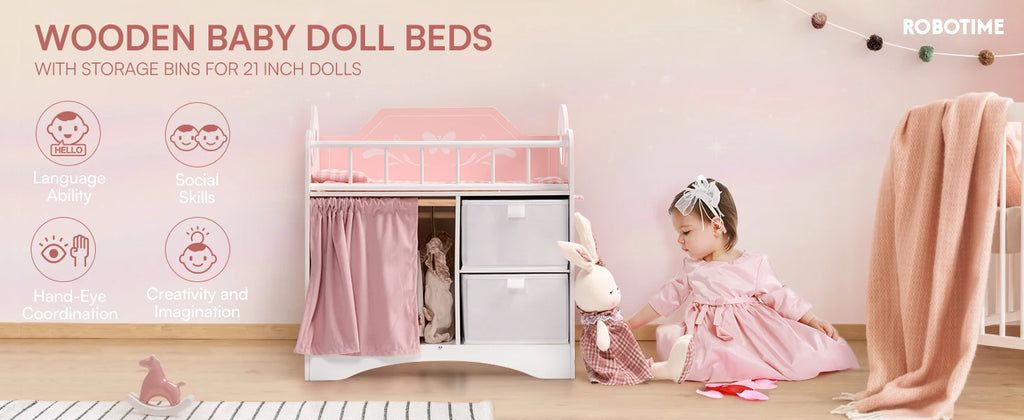 Wooden Baby Doll Crib Fits Dolls up to 21" for Girls 3+