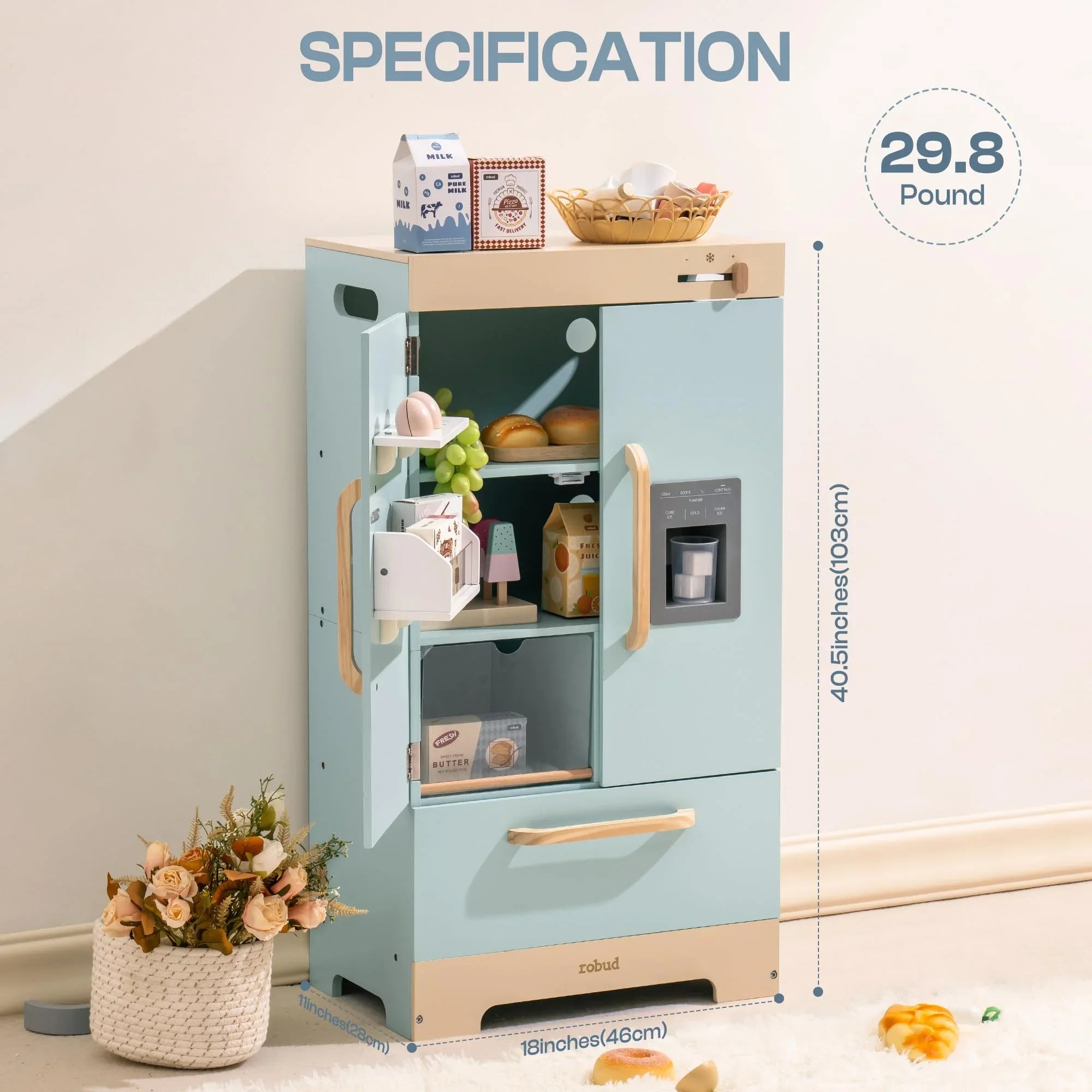 Toy Kitchen Refrigerator with Ice Dispenser for Ages 3+Blue