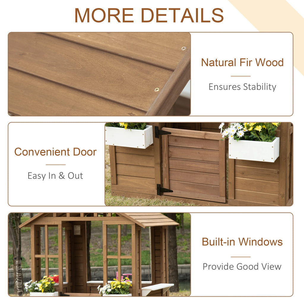 Kids Wooden Playhouse, Cottage, with Working Door, Windows, Flowers Pot Holder, 47" X 38" X 54"