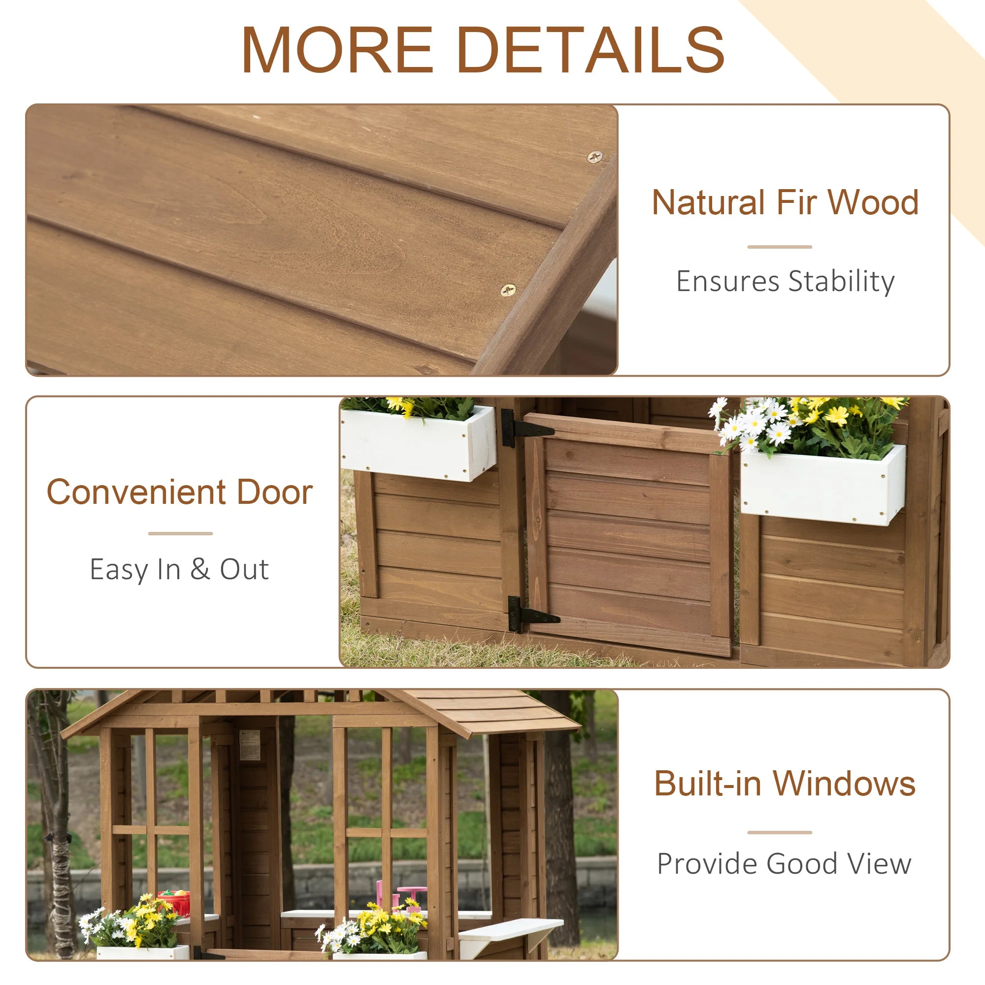 Kids Wooden Playhouse, Cottage, with Working Door, Windows, Flowers Pot Holder, 47" X 38" X 54"
