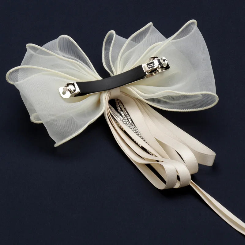 Girls/Woman Elegant White Ribbon Bow Hair Clip with Pearls