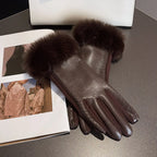 Womens PU Leather Gloves Faux Trim
