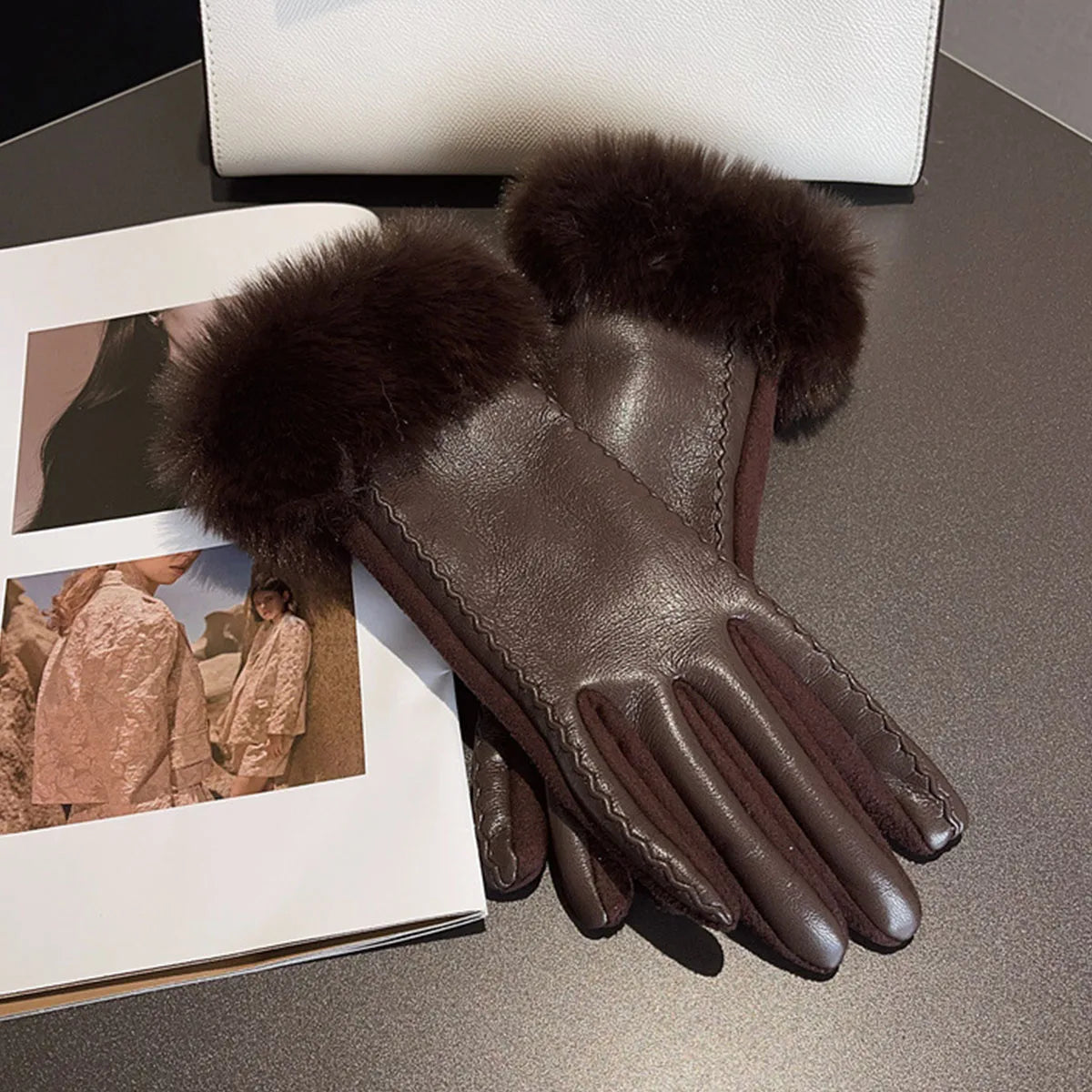 Womens PU Leather Gloves Faux Trim