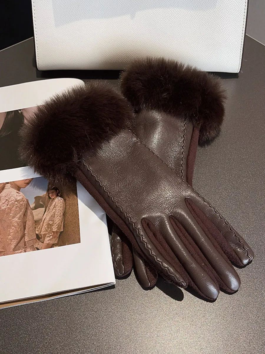 Womens PU Leather Gloves Faux Trim