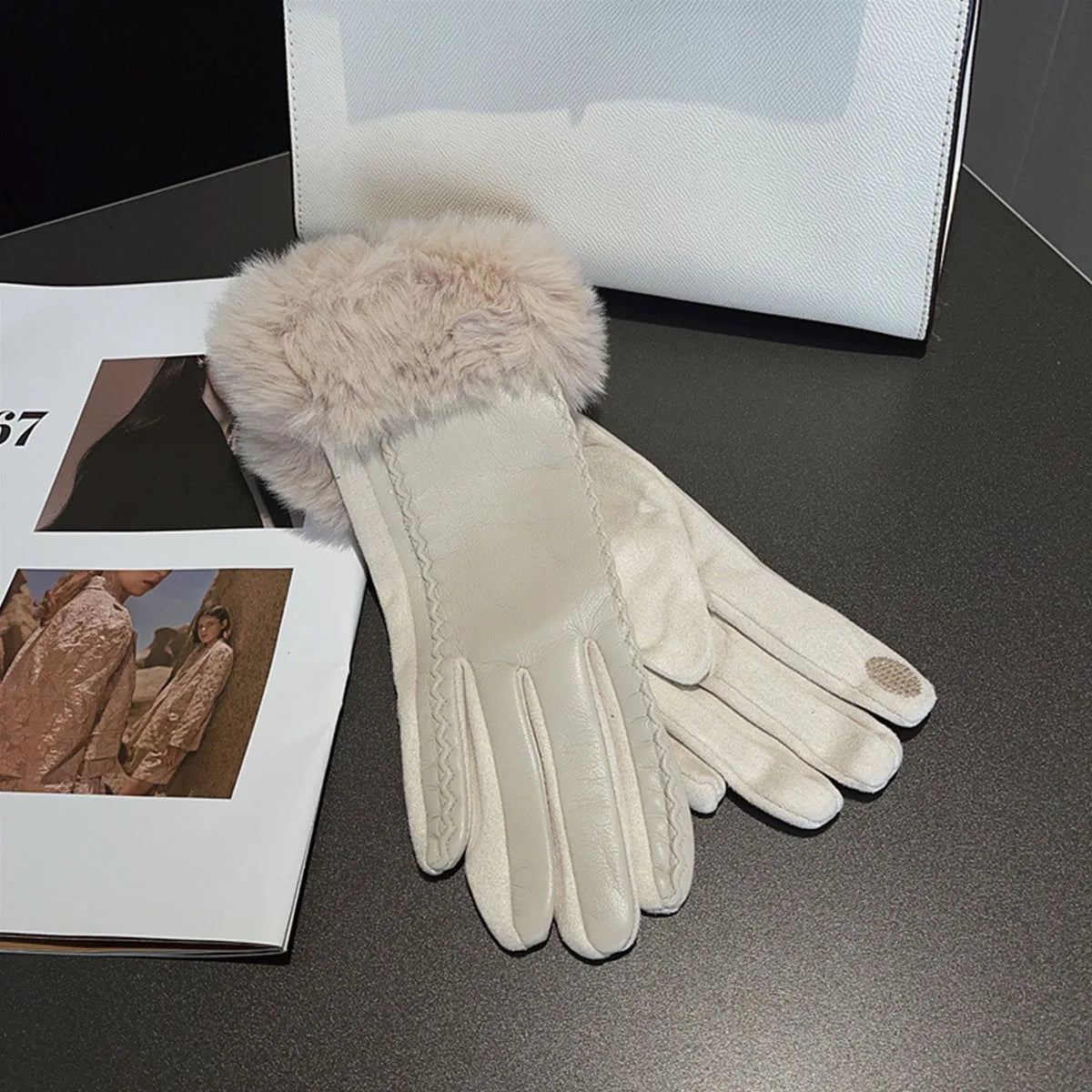 Womens PU Leather Gloves Faux Trim