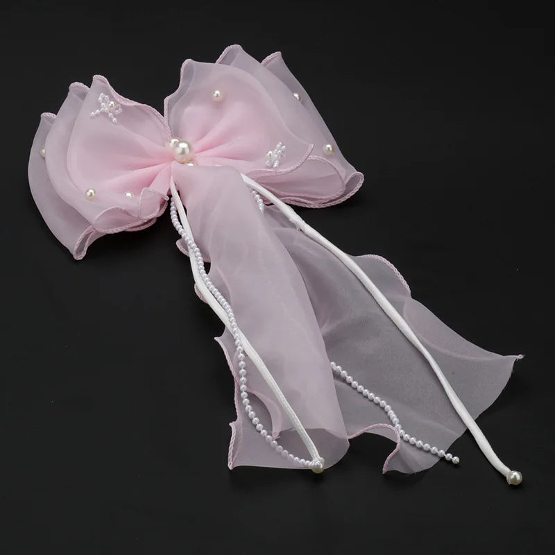 Girls/Woman Elegant White Ribbon Bow Hair Clip with Pearls