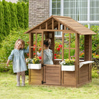 Kids Wooden Playhouse, Cottage, with Working Door, Windows, Flowers Pot Holder, 47" X 38" X 54"