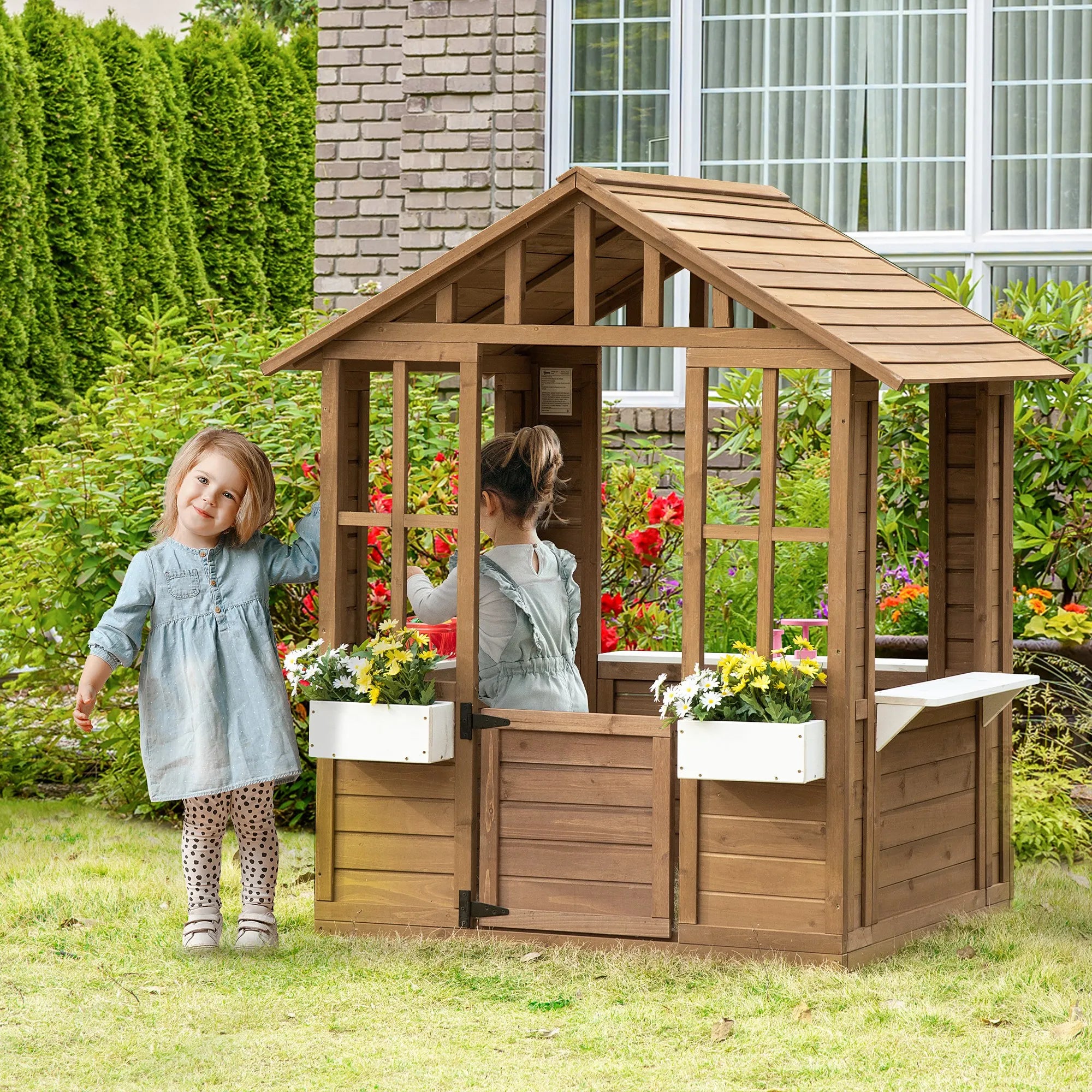 Kids Wooden Playhouse, Cottage, with Working Door, Windows, Flowers Pot Holder, 47" X 38" X 54"