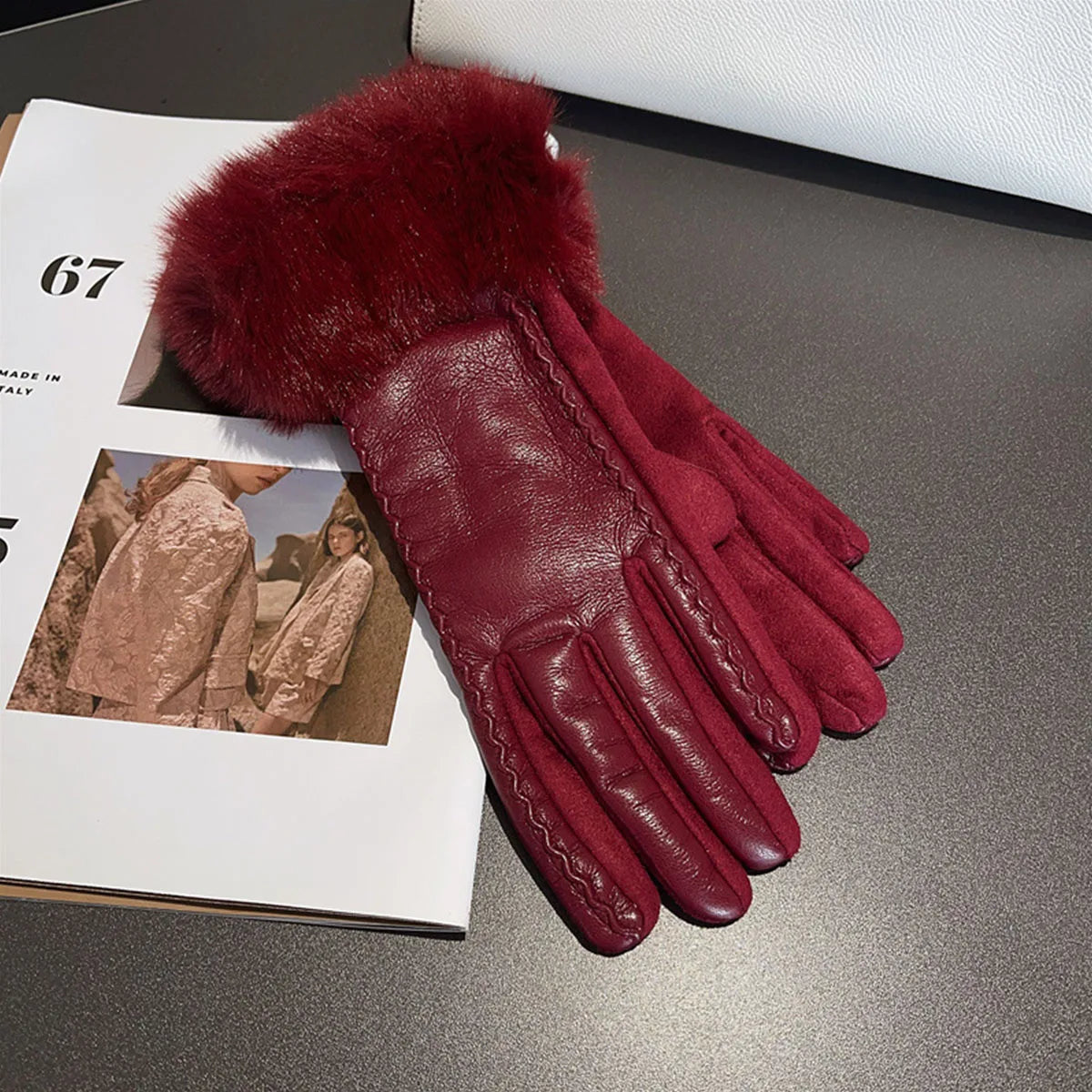 Womens PU Leather Gloves Faux Trim