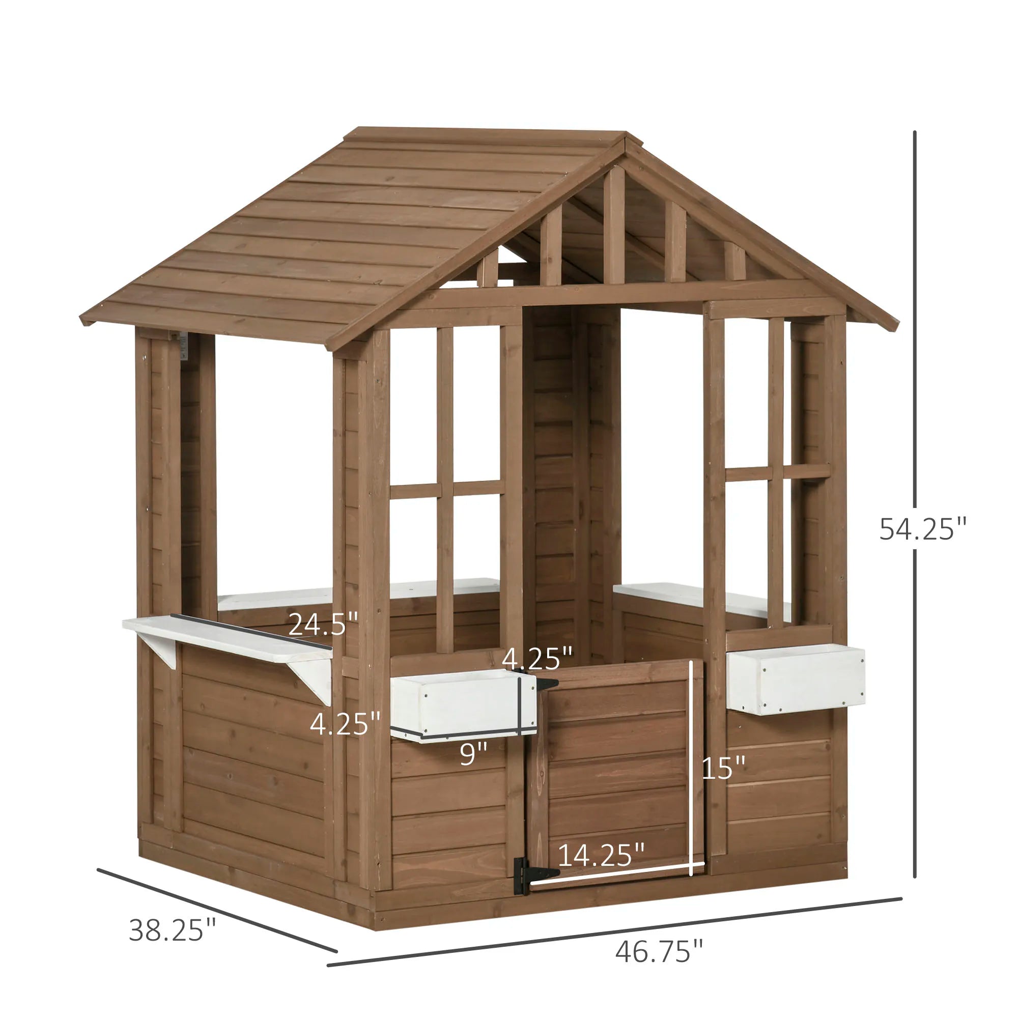 Kids Wooden Playhouse, Cottage, with Working Door, Windows, Flowers Pot Holder, 47" X 38" X 54"