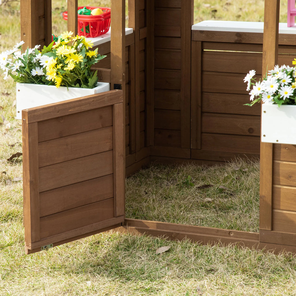 Kids Wooden Playhouse, Cottage, with Working Door, Windows, Flowers Pot Holder, 47" X 38" X 54"