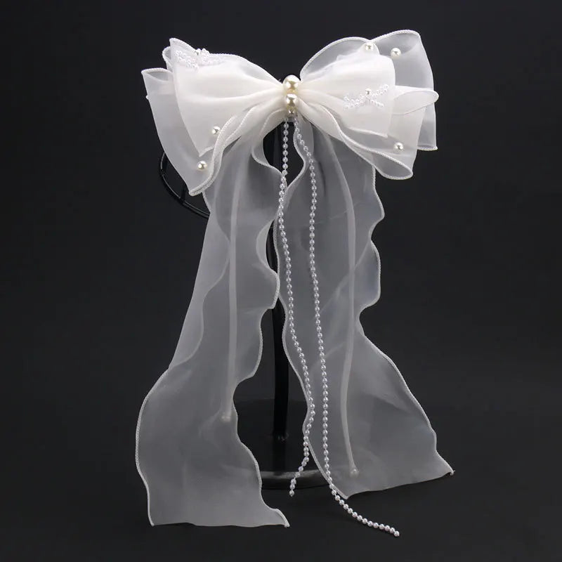 Girls/Woman Elegant White Ribbon Bow Hair Clip with Pearls