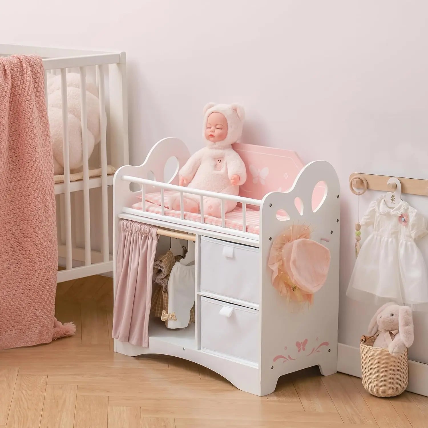 Wooden Baby Doll Crib Fits Dolls up to 21" for Girls 3+