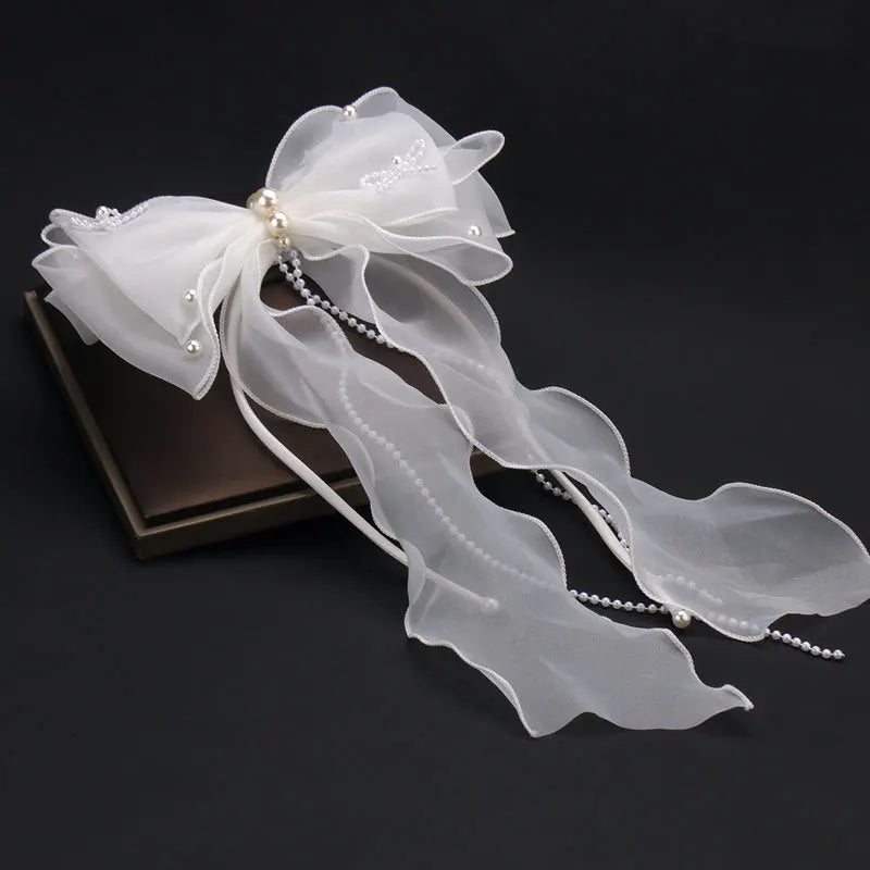 Girls/Woman Elegant White Ribbon Bow Hair Clip with Pearls