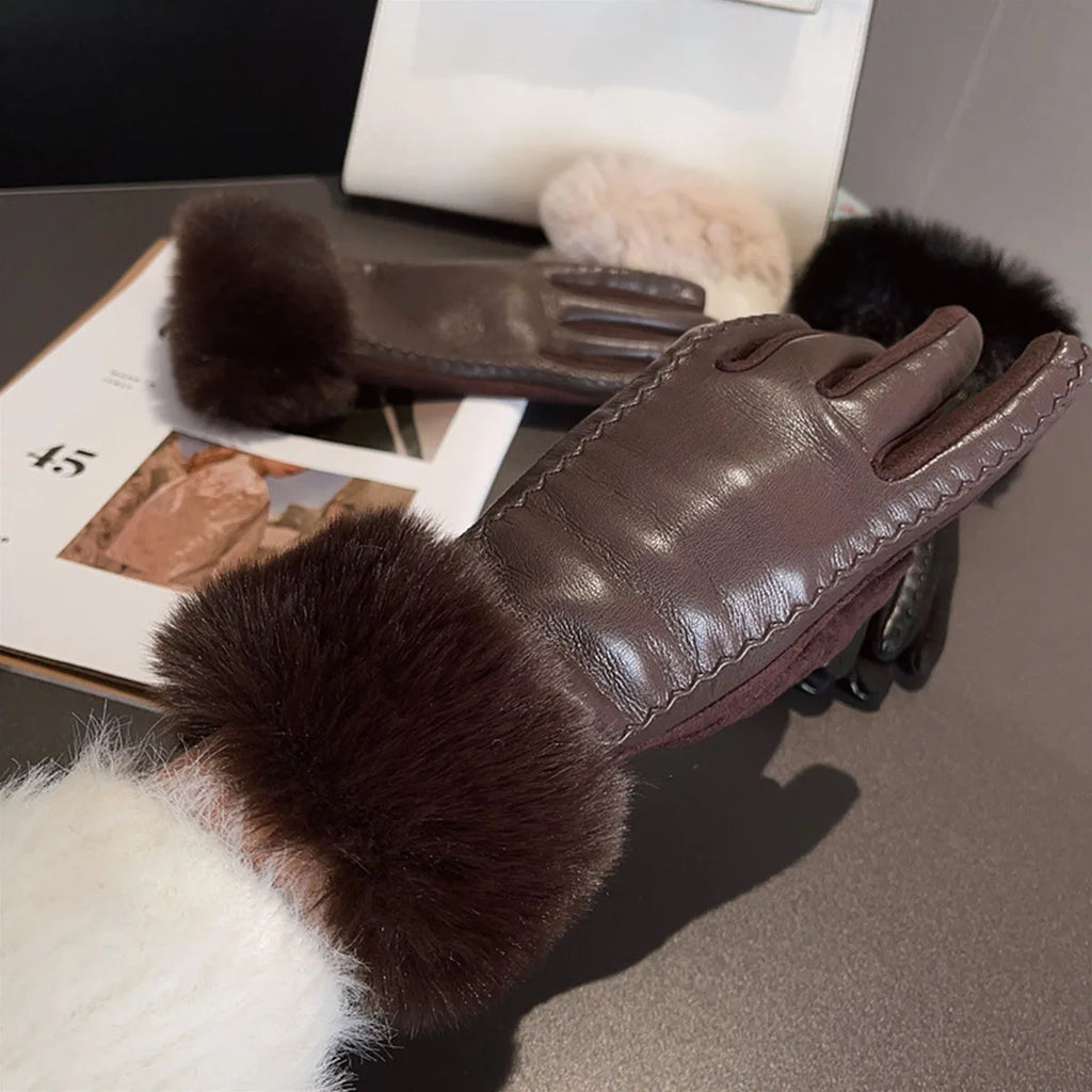 Womens PU Leather Gloves Faux Trim