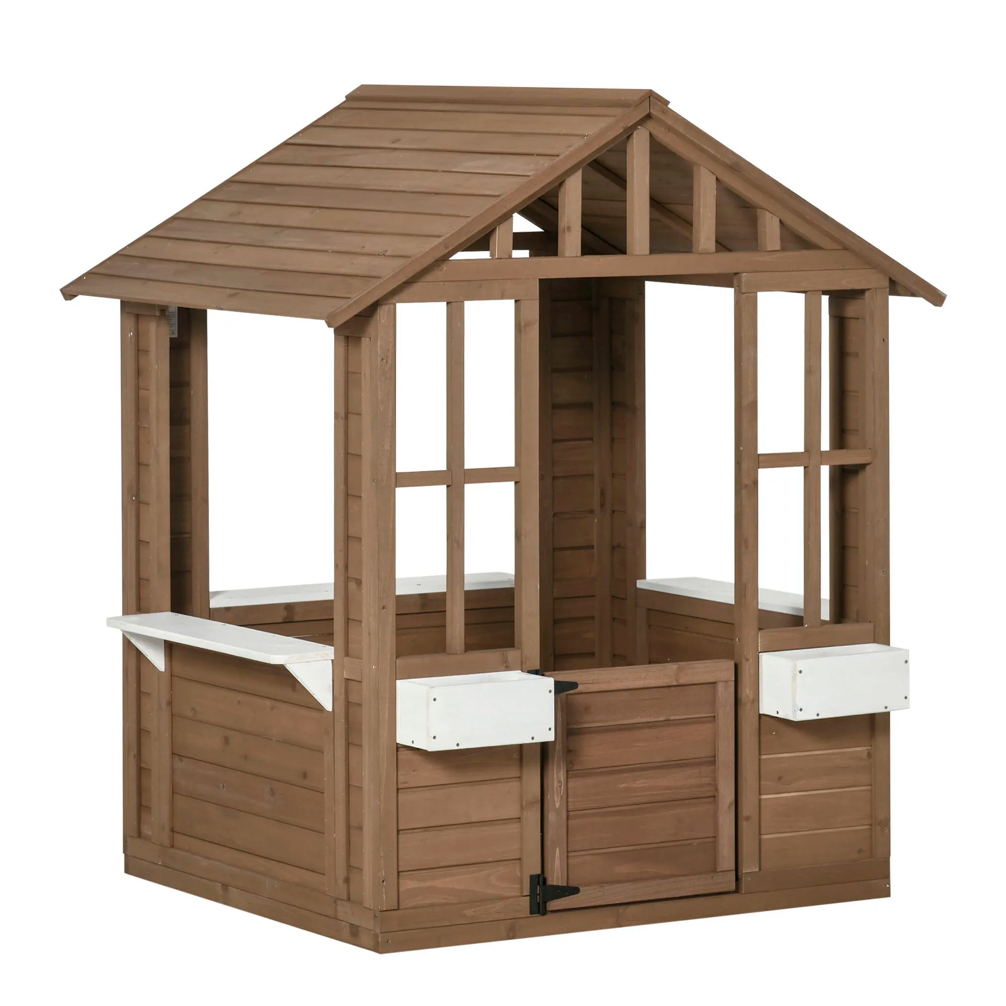 Kids Wooden Playhouse, Cottage, with Working Door, Windows, Flowers Pot Holder, 47" X 38" X 54"