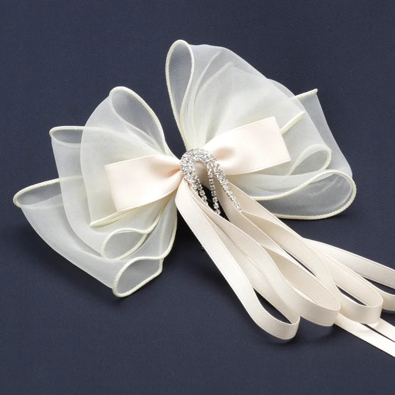 Girls/Woman Elegant White Ribbon Bow Hair Clip with Pearls