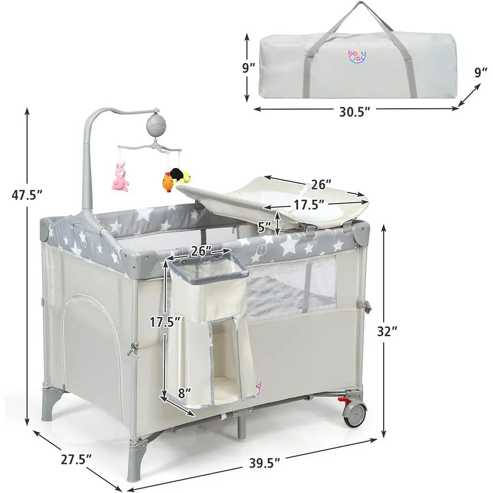 Portable Play Yard, Bassinet, Changing Table, and Music